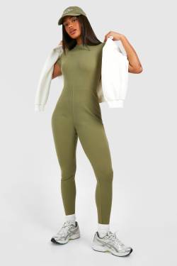 Womens Basic Cap Sleeve Rib Unitard Jumpsuit - Khaki - 14, Khaki von boohoo