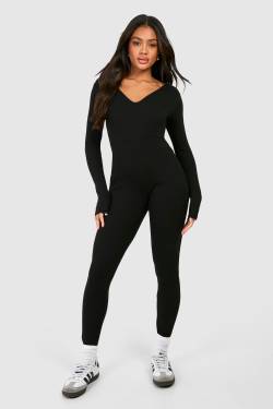 Womens Basic Rib Plunge Unitard Jumpsuit - Black - 12, Black von boohoo