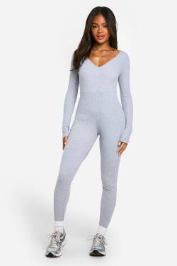 Womens Basic Rib Plunge Unitard Jumpsuit - Grey - 16, Grey von boohoo