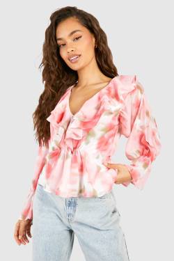 Womens Blurred Floral Chiffon Ruffle Blouse - Pink - 10, Pink von boohoo