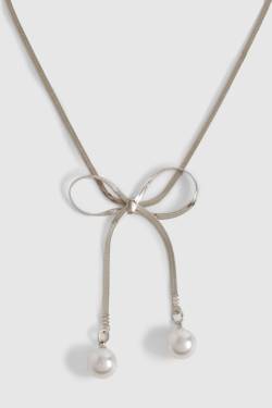 Womens Bow Pearl Detail Snakechain Necklace - Silver - One Size, Silver von boohoo