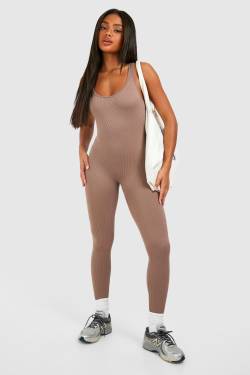 Womens Contour Seamless Rib Scoop Neck Unitard Jumpsuit - Taupe - M, Taupe von boohoo