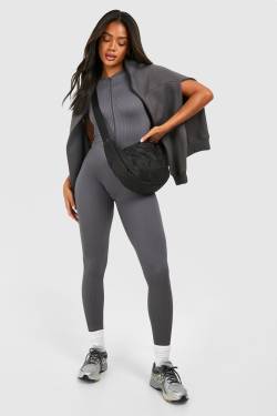 Womens Contour Seamless Rib Zip Short Sleeve Unitard Jumpsuit - Charcoal - S, Charcoal von boohoo