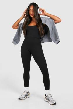 Womens Cotton Rib Skinny Jumpsuit - Black - 14, Black von boohoo