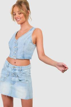 Womens Double Waistband Detail Fray Hem Denim Mini Skirt - Light Blue - 14, Light Blue von boohoo