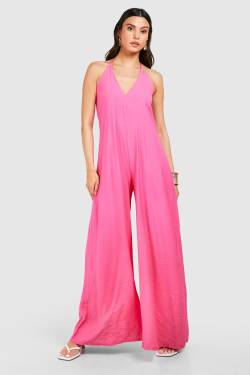 Womens Linen Look Halterneck Wide Leg Jumpsuit - Pink - 14, Pink von boohoo