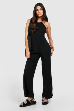 Womens Linen Tie Back Halterneck Jumpsuit - Black - 12, Black von boohoo