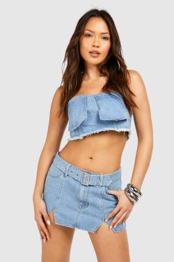 Womens Notch Detail Buckle Belt Denim Micro Mini Skirt - Light Blue - 38, Light Blue von boohoo