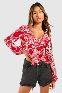 Womens Paisley Ruffle Tie Front Blouse - Red - 10, Red von boohoo