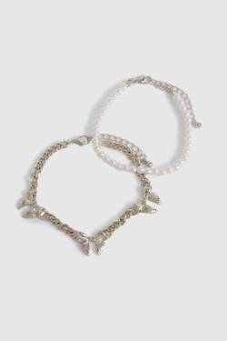 Womens Pearl & Bow Chain Layered Bracelets - Silver - One Size, Silver von boohoo