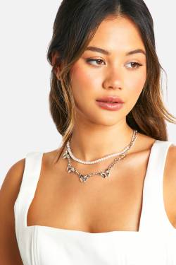 Womens Pearl & Bow Chain Layered Necklace - Silver - One Size, Silver von boohoo