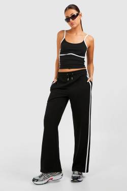 Womens Piping Detail Vest Top And Straight Leg Jogger Set - Black - S, Black von boohoo