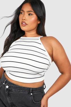 Womens Plus Halter Rib Stripe Vest - White - 18, White von boohoo