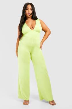 Womens Plus Slinky Plunge Wide Leg Jumpsuit - Lime - 18, Lime von boohoo
