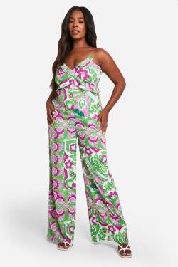 Womens Plus Woven Paisley Print Strappy Jumpsuit - Green - 18, Green von boohoo