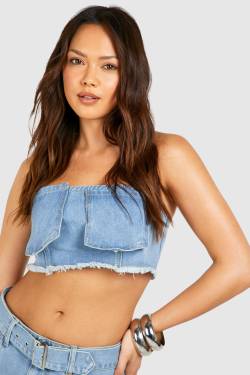 Womens Pocket Detail Fray Hem Denim Bandeau Top - Light Blue - 40, Light Blue von boohoo