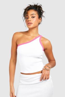 Womens Premium Contrast Rib One Shoulder Vest - White - 12, White von boohoo