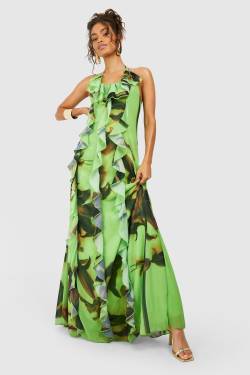 Womens Printed Chiffon Ruffle Maxi Dress - Green - 16, Green von boohoo