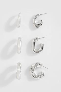 Womens Silver Chunky Hoop Multipack Earrings - One Size, Silver von boohoo