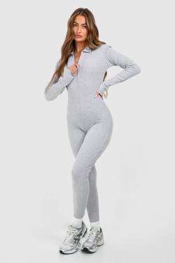 Womens Soft Rib Zip Collar Unitard Jumpsuit - Grey - 12, Grey von boohoo