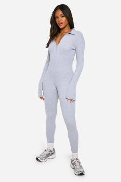 Womens Soft Rib Zip Collar Unitard Jumpsuit - Grey - 16, Grey von boohoo