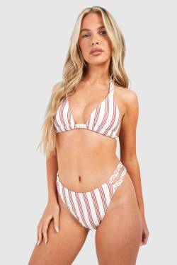 Womens Stripe Print Braided Straps Triangle Bikini Set - Cream - 10, Cream von boohoo