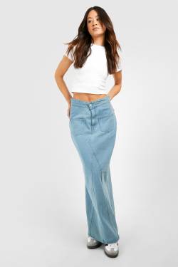 Womens Tall Foldover Waistband Pocket Detail Denim Maxi Skirt - Light Blue - 10, Light Blue von boohoo