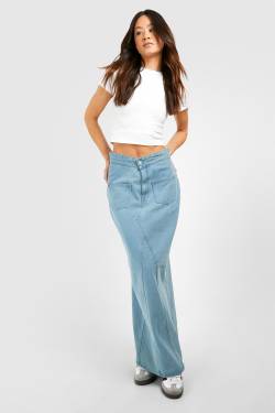 Womens Tall Foldover Waistband Pocket Detail Denim Maxi Skirt - Light Blue - 14, Light Blue von boohoo