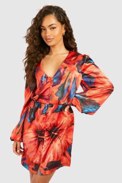 Womens Tropical Print Blouson Sleeve Mini Dress - Orange - 10, Orange von boohoo