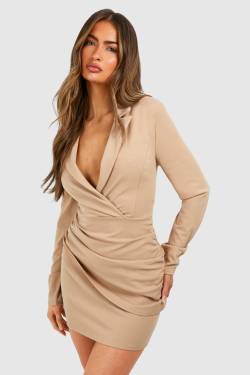 Womens Wrap Long Sleeve Blazer Dress - Stone - 16, Stone von boohoo