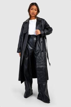 Zweireihiger Kunstleder Maxi-Trenchcoat - Black - 36, Black von boohoo