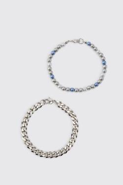 Mens 2 Pack Pearl And Chain Bracelets - Silber - ONE SIZE, Silber von boohooman