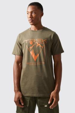 Mens Active T-Shirt mit Trek Dept Print - Khaki - XXL, Khaki von boohooman