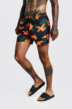 Mens Badehose bedruckt mit orangenem Camouflage-Muster - L, Camouflage von boohooman