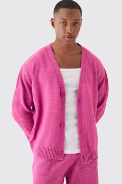 Mens Boxy Brushed Knit Cardigan In Dark Pink - Rosa - L, Rosa von boohooman