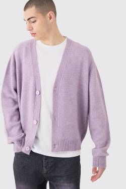 Mens Boxy Brushed Knit Cardigan In Lilac - M, Lila von boohooman