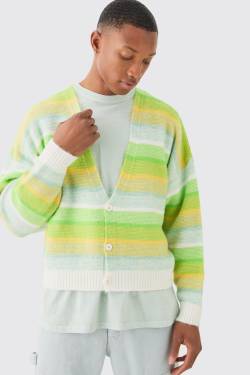 Mens Boxy Brushed Striped Cardigan In Green - Grün - XL, Grün von boohooman