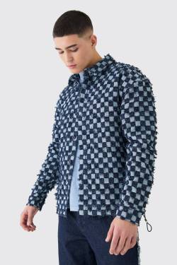 Mens Boxy Checkerboard Distressed Checked Overshirt - Blau - XL, Blau von boohooman