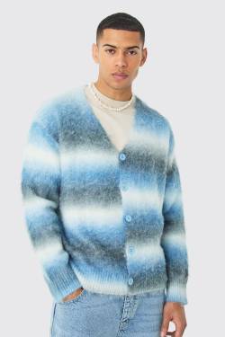 Mens Boxy Fit Knitted Brushed Stripe Cardigan In Blue - Blau - XS, Blau von boohooman