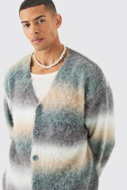 Mens Boxy Fit Knitted Brushed Stripe Cardigan In Sage - Grün - XS, Grün von boohooman