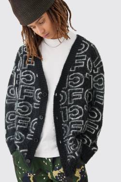 Mens Boxy Fluffy Branded Knitted Cardigan In Black - Schwarz - XL, Schwarz von boohooman