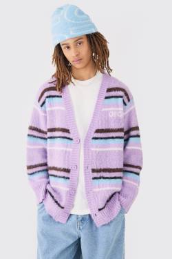 Mens Boxy Fluffy Striped Knitted Cardigan In Lilac - XS, Lila von boohooman
