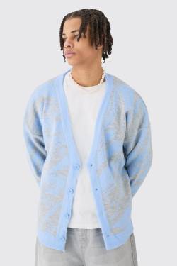 Mens Boxy Oversized Brushed Abstract All Over Jacquard Cardigan - Blau - XS, Blau von boohooman