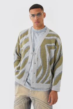 Mens Boxy Oversized Brushed Abstract All Over Jacquard Cardigan - Grau - S, Grau von boohooman
