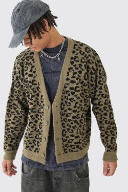 Mens Boxy Oversized Brushed Leopard All Over Jacquard Cardigan - Khaki - XS, Khaki von boohooman