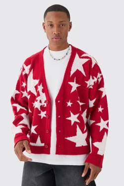 Mens Boxy Oversized Brushed Star All Over Jacquard Cardigan - Rot - L, Rot von boohooman