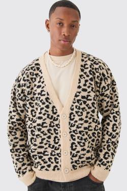 Mens Boxy Oversized Leopard All Over Jacquard Cardigan - Grau - XL, Grau von boohooman