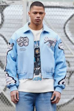 Mens Boxy Teddy Applique Bomber - Blau - S, Blau von boohooman