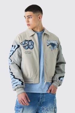 Mens Boxy Teddy Applique Bomber - Grau - XS, Grau von boohooman