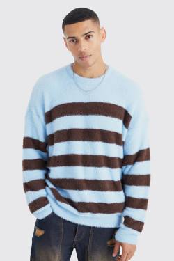 Mens Flauschiger Oversize Pullover mit Streifen - Blau - L, Blau von boohooman